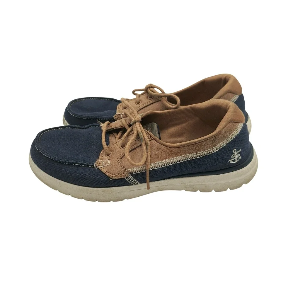 Skechers GoStep Lite Navy Tan Boat Shoes Loafers 136451 Womens 7.5